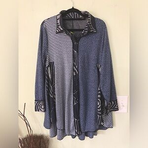 NWT Radzoli Blue Patchwork 3/4 sleeve blouse top